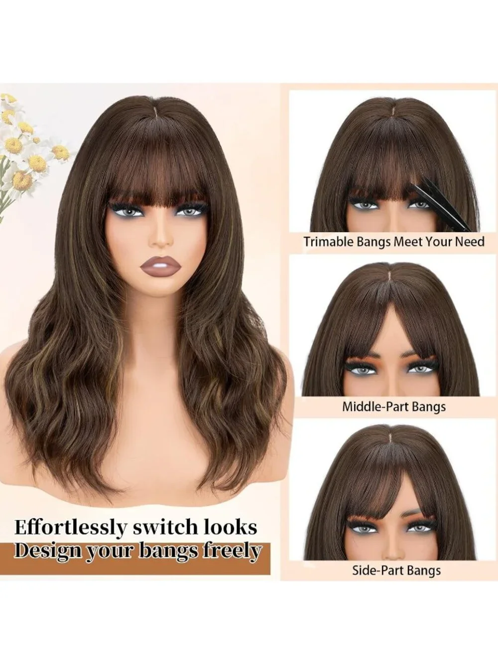 Women's Brown 18 Inch Natural Looking Synthetic Heat Resistant Wavy Wigs
